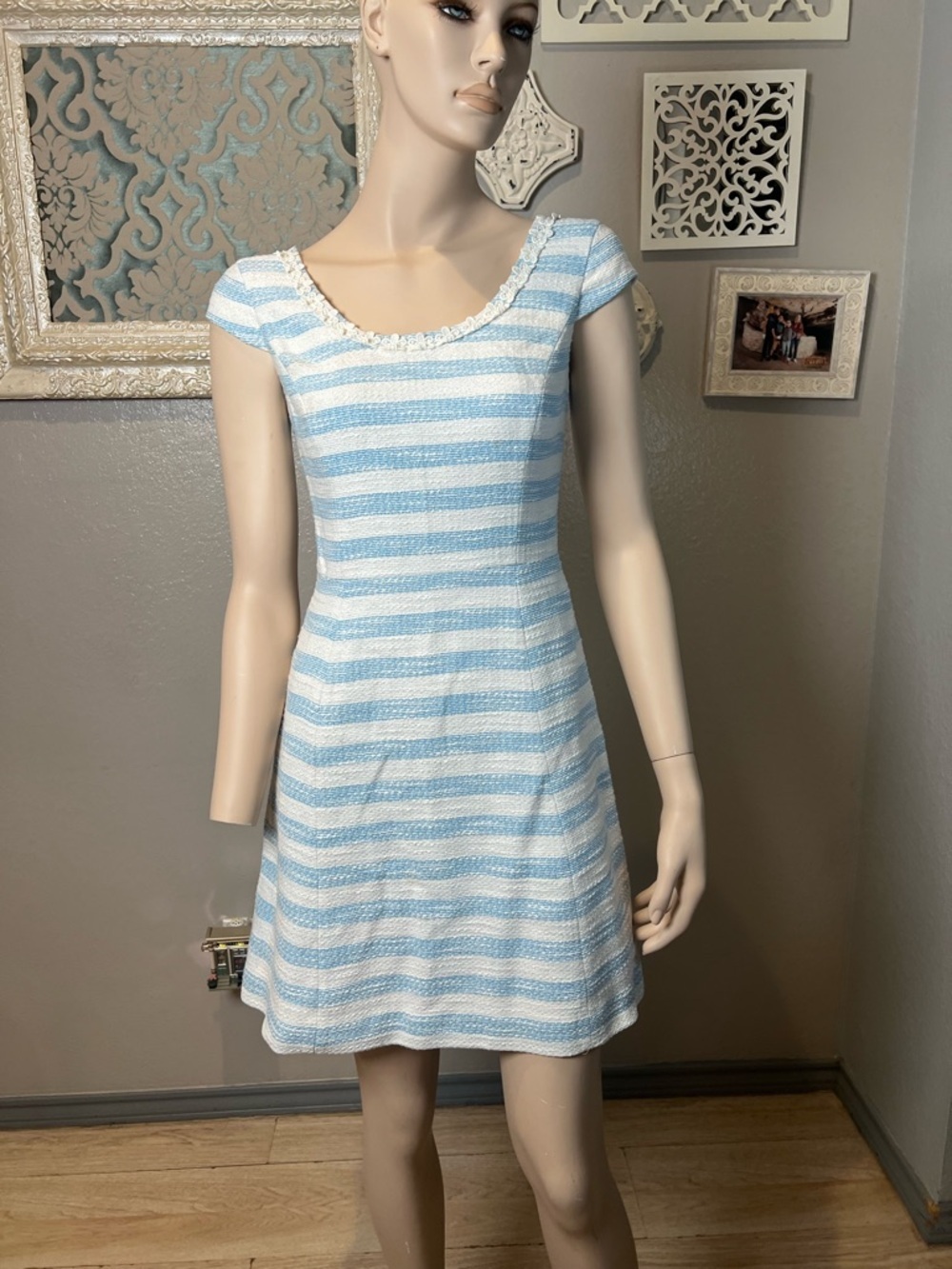 Lilly Pulitzer Light Blue and White Striped Cap-Sleeve Tweed Dress - Picture 6 of 12